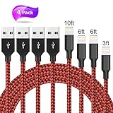 MSXRAYSON Phone Charger 4Pack 3FT 6FT 6FT 10FT Nylon Braided USB Cable & Syncing Cord Compatible Phone Charger X 8 8Plus 7 7Plus 6S 6S Plus (Black&Red)