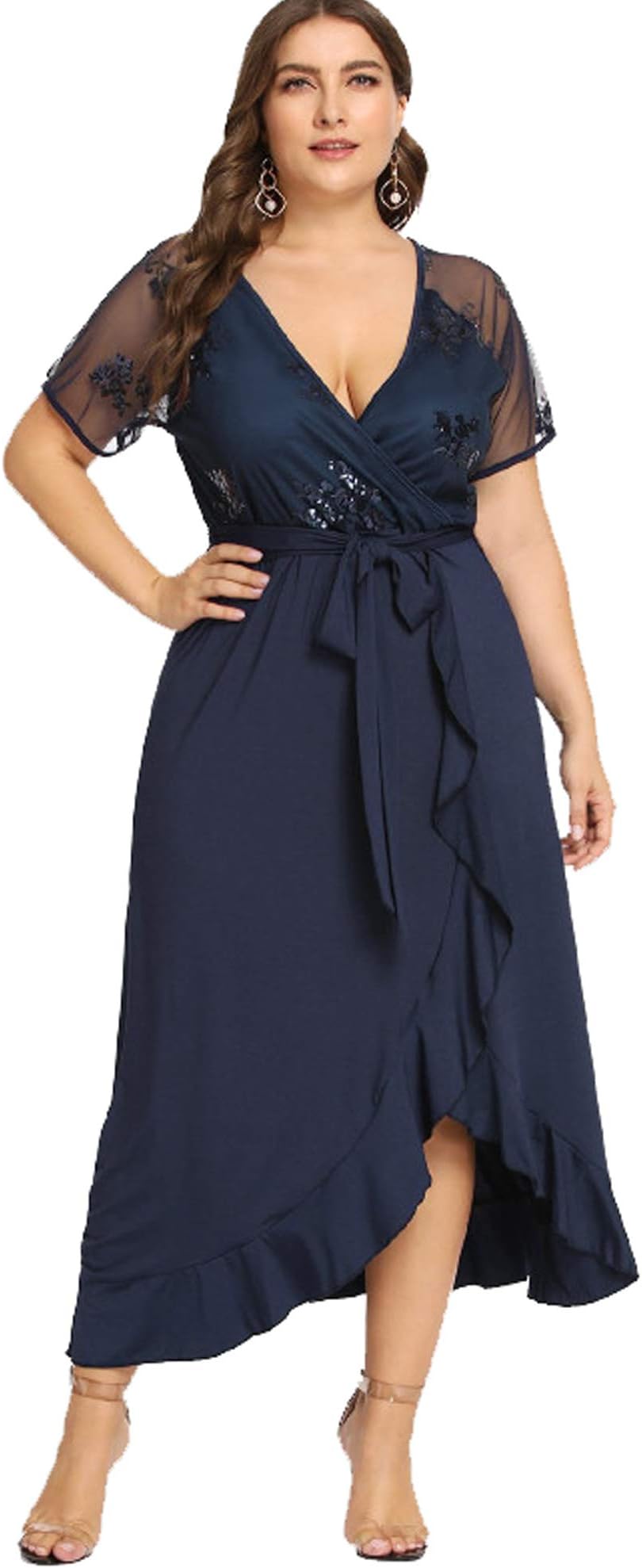 ESPRLIA Women's Plus Size V-Neck Stretch Lined Floral Flare Sequin Casual Party Cocktail Dress