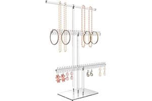 lengnoyp Premium Jewelry Stand, Earring Holder, Necklace Holder Stand, Clear 3-Tier Acrylic Large Storage Jewelry Organizer Stand & Bracelet/Bangles Stand, 48 Earring Holes Display Stands