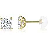 14K Gold Square Solitaire Princess Cut Cubic Zirconia CZ Stud Push Back Earrings in Yellow OR White (Various Sizes)