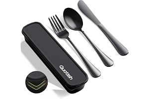 Quatish Travel Utensils with Case, Stainless Steel Cutlery Set, Black | Portable, Dishwasher Safe, Silverware Set, Reusable Camping Utensils, Fork and Spoon Set for Picnic, Camping, Work, Lunch Box