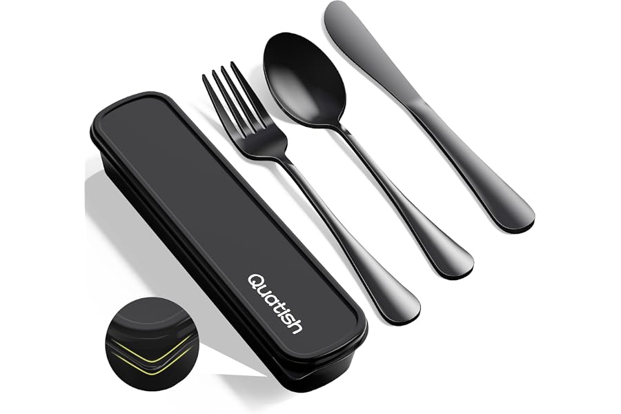 Quatish Travel Utensils with Case, Stainless Steel Cutlery Set, Black | Portable, Dishwasher Safe, Silverware Set, Reusable Camping Utensils, Fork and Spoon Set for Picnic, Camping, Work, Lunch Box
