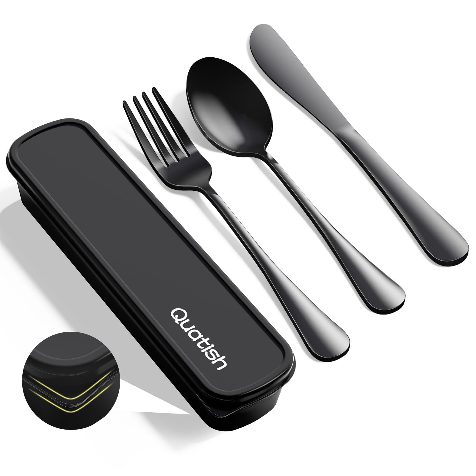 Quatish Travel Utensils with Case, Stainless Steel Cutlery Set, Black | Portable, Dishwasher Safe, Silverware Set, Reusable C
