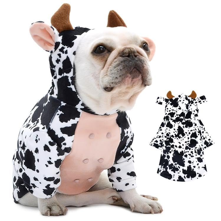 DELIFUR Cow Pet Dog Costume French Bulldog Funny Cow Holiday Outfit Cute Hoodie Halloween Costume for Cat Puppy Small and Medium Dog (X-Large)