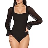 MANGOPOP Square Neck Long Sleeve Short Sleeve Bodysuit for Women Mesh Ruffle Sleeves Going Out Tops