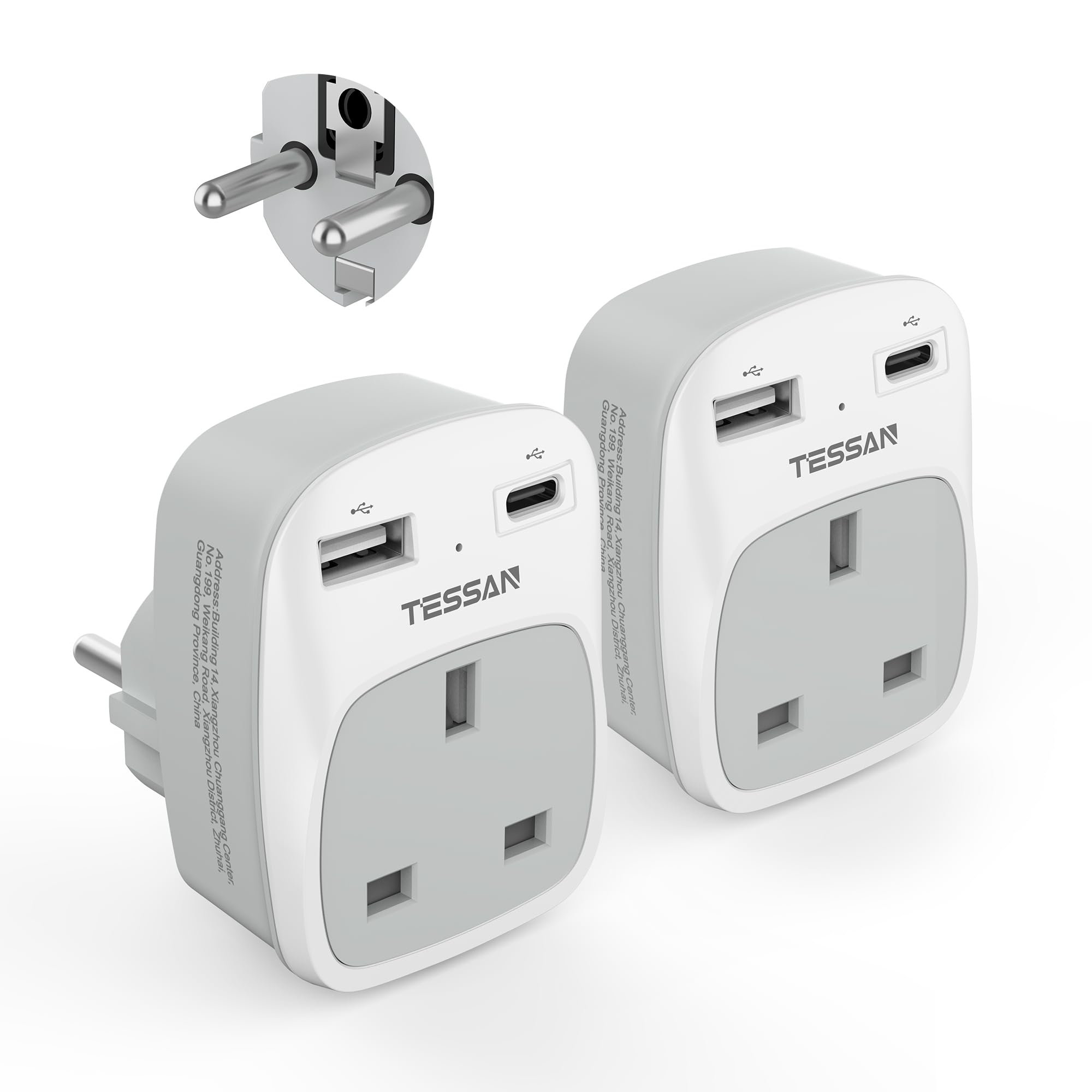 UK to European Plug Adapter 2 Pack, TESSAN Schuko Grounded Euro Plug Adapter with 2 USB Ports (1 USB C), Travel Adaptors UK to EU for Europe Spain Germany France Iceland Poland Russia (Type E F)