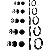 ALEXCRAFT Black Earrings for Men Small Stainless Steel Stud & Huggie & Hoop Earrings set for Men