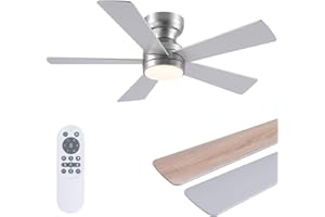 BYKISTOK 46" Ceiling Fan with Lights Low Profile, Flush Mount Ceiling Light with Remote and 5 Blades, Mute Reversible Motor, 6 Speeds and 3CCT Dimming, Modern Fan Light for Indoor Bedroom, Silver