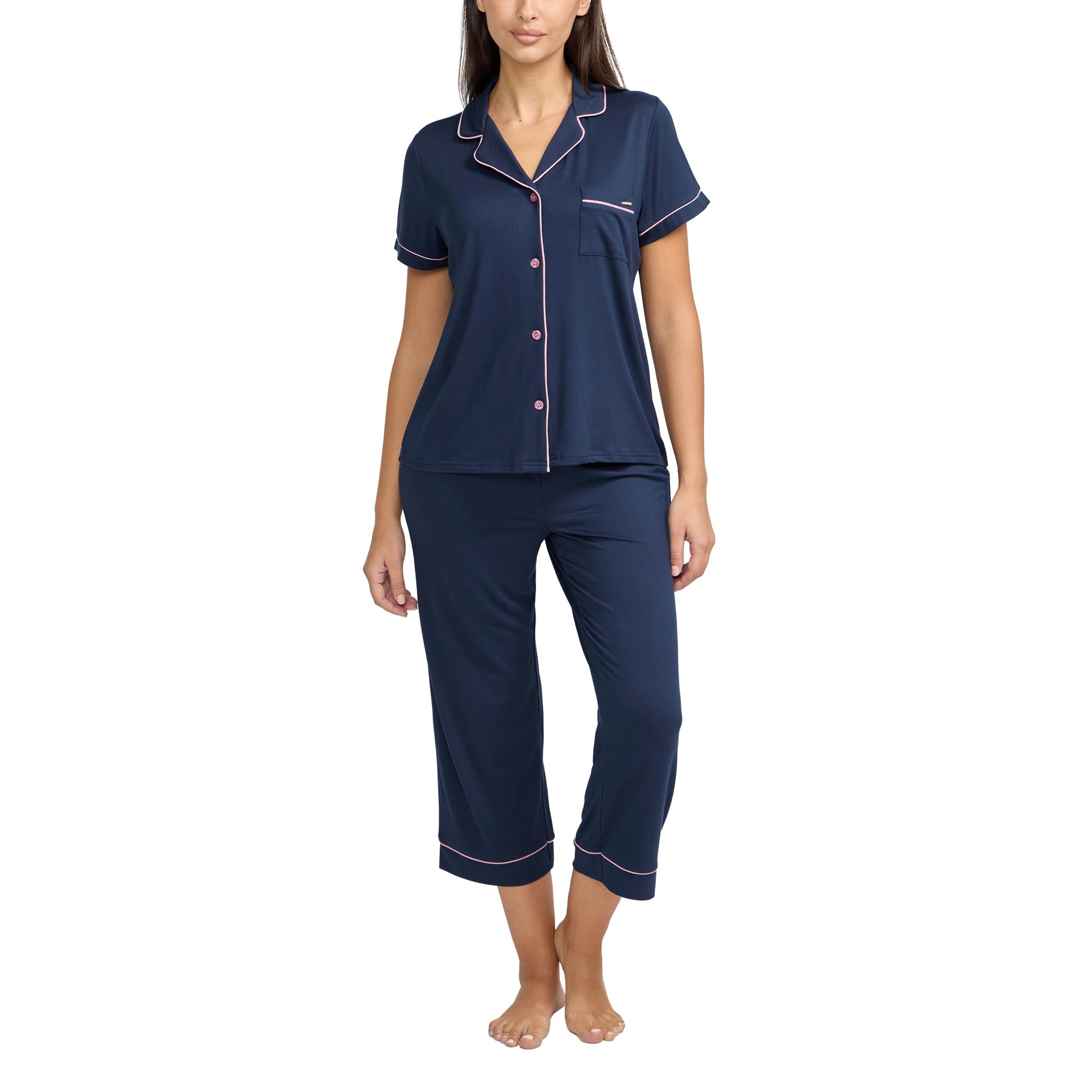 BCBGMAXAZRIA Women’s Pajama Set Short Sleeve Notch Collar with Pants, Navy