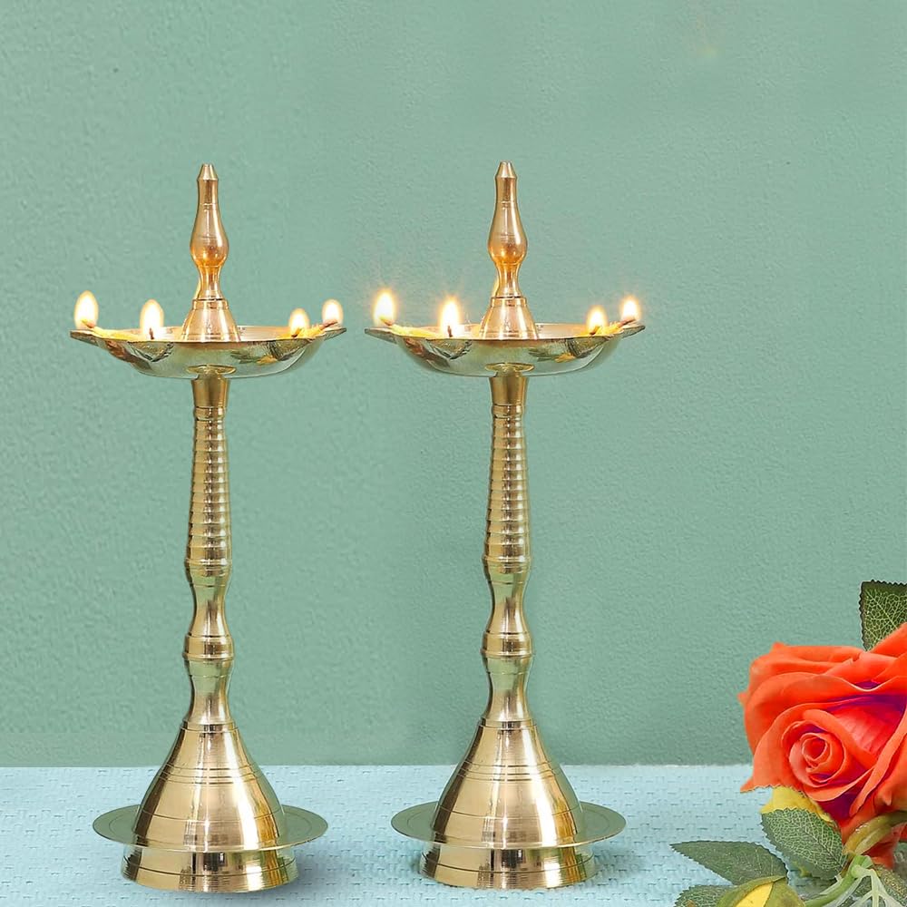 Photo 1 of Brass Diya for Puja (10 inch, Set of 2) Kerala Diya, Diyas, Diya Lamp for Pooja Diwali Diyas, Traditional Samai Lamp Kutthu vilakku Panchmahal Deepam - Indian Diwali Gifts Hashcart®