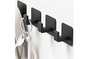 Square Self Adhesive Towel Hooks - 4 Pack Matte Black Stylish Hooks for Hanging Towels, Robes, Hats, and Keys in Bathrooms, C