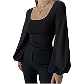 SweatyRocks Women's Long Bishop Sleeve Square Neck Slim Fitted Shirt Tops Basic Going Out Blouse