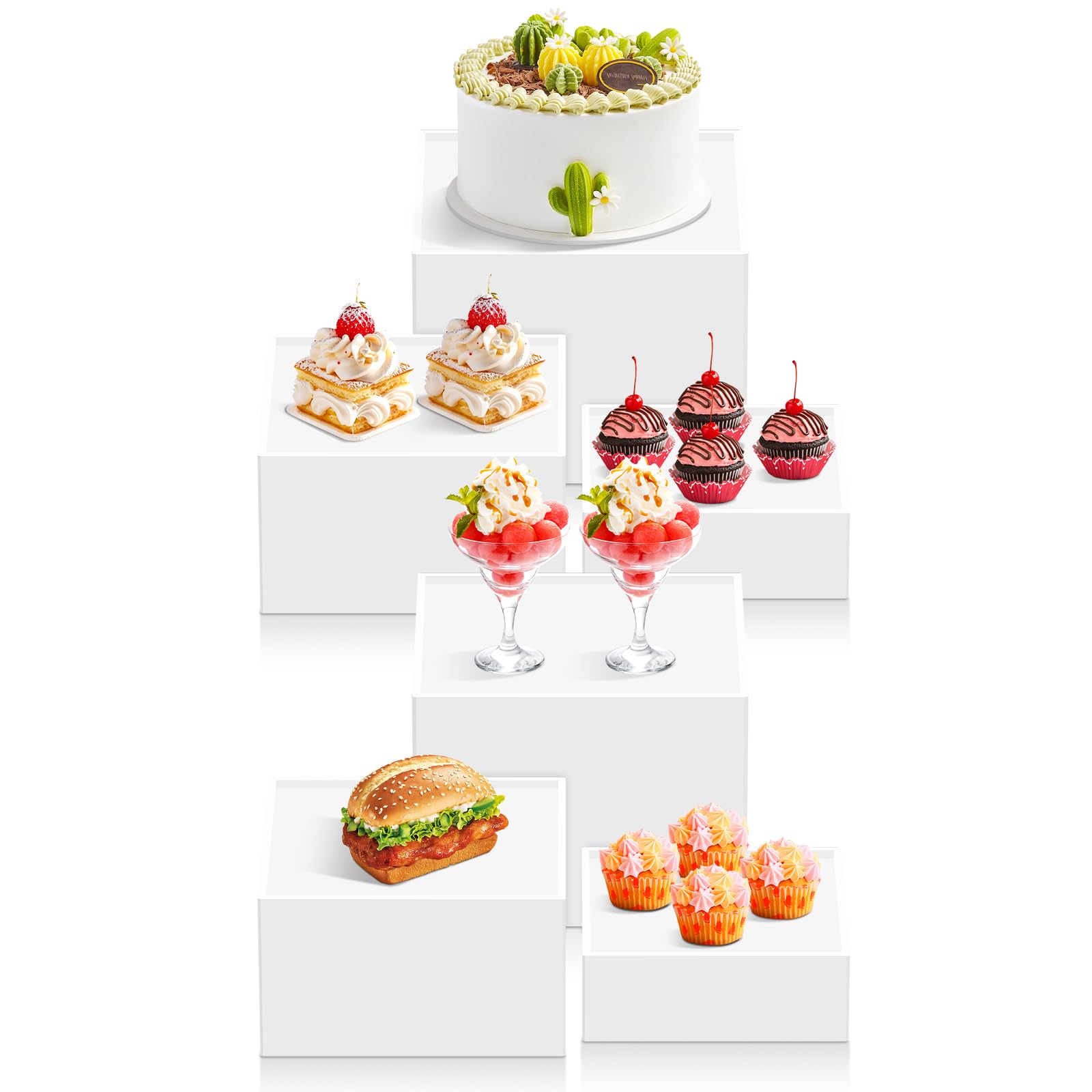 Photo 1 of PPH-Sisy Buffet Risers 6 PCS, Acrylic Buffet Risers and Stands, White Dessert Table Display Set Food Display Risers for Party, Acrylic Cube Storage Boxes with Love Design Size 6", 7", 8"