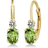 Gem Stone King 14K Yellow Gold Green Peridot and White Diamond Leverback Earrings For Women | 1.07 Cttw | Gemstone August Birthstone | Oval 6X4MM | Round 2MM | 3/4 Inch