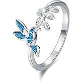 CUOKA MIRACLE Hummingbird Rings for Women 925 Sterling Silver Hummingbird Leaf Ring Adjustable Open Rings Hummingbird Jewelry Gifts for Mom Animal Jewelry Gift for Women