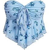SHENHE Women's Floral Strapless Tie Front Lettuce Trim Asymmetrical Flare Boho Tube Top