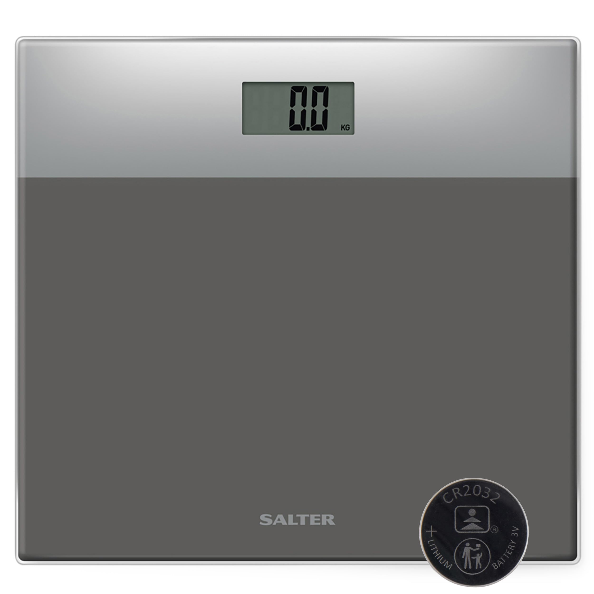 Salter Digital Bathroom Scale – Easy Read LCD Display, 180 kg/ 28 st Capacity, Instant Read Step On Activation, Battery Included, Neat Storage, 15 Year Guarantee, Two Tone Design, Silver/Grey