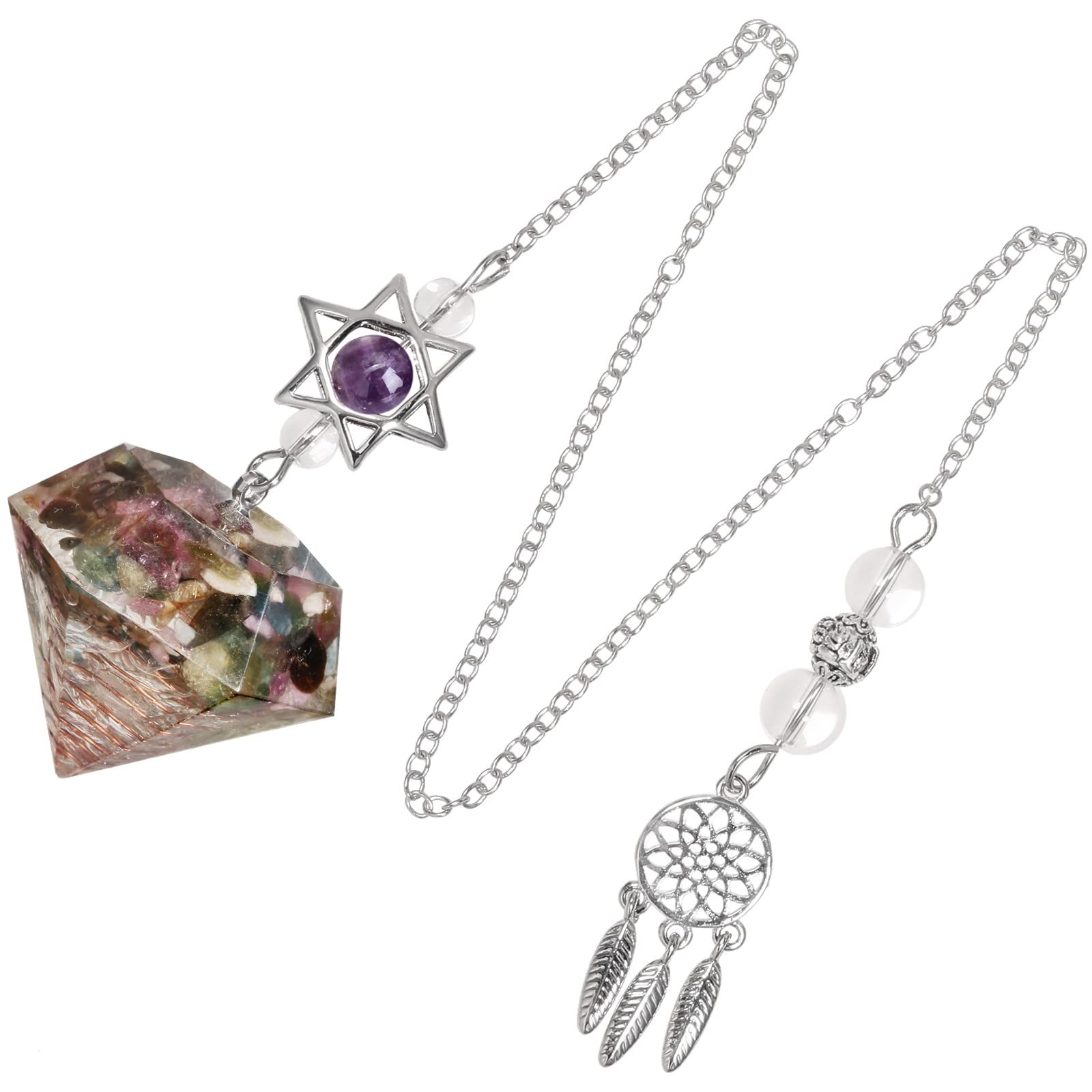 KYEYGWO Healing Crystal Point Pendulum with Dream Catcher and Star of David Necklace, Resin Pendulum Hexagon Crystal Stone Pendant, Tourmaline