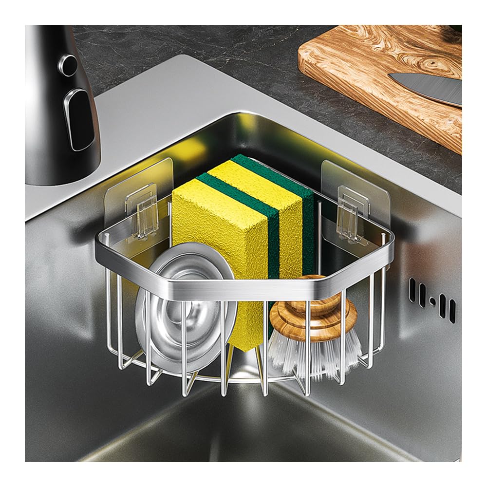 Photo 1 of Anjing Kitchen Sink Caddy Corner Sponge Holder Organizer, Stainless Steel Adhesive with 4 Hooks