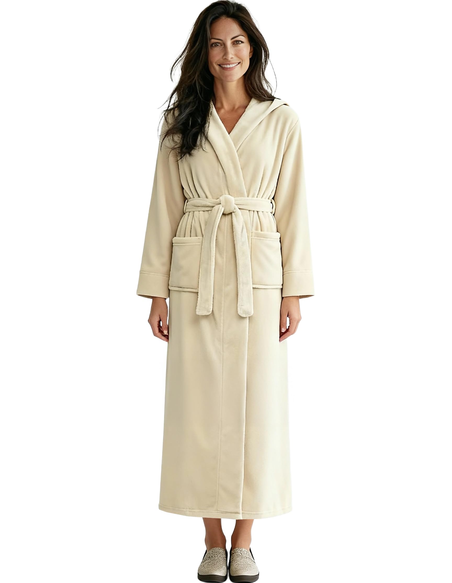 Alexander Del Rossa Womens Robe, Long Plush Bathrobe with Hood, Hooded Robes for Women Plus Size Bath Robe, Vanilla, Large Image