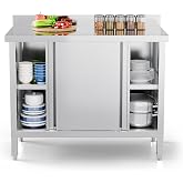 ROVSUN Stainless Steel Table with Cabinet 39" x 19",Commercial Pre Table with Backsplash, Heavy Duty with 2 Sliding Doors, Large Space Storage for Kitchen Restaurant Hotel Garage Warehouse