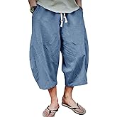 EKLENTSON Mens Cotton Linen Capri Pants Light Loose 3/4 Long Shorts Elastic Waist Drawstring Harem Casual Beach Yoga Trousers