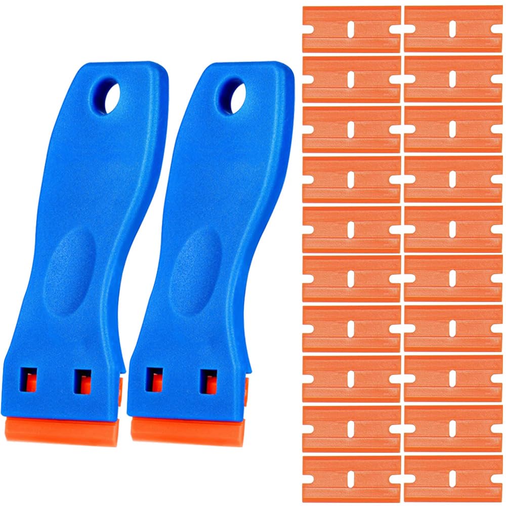 Gebildet 2pcs Glass Scraper with 20pcs Plastic Safety Blades for Removing Vinyl Decals Stickers &Glue from Cars, Boats and Other Delicate Surfaces