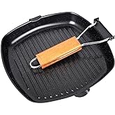 MasonOL20 Non-stick Grill Pan with Folding Handle for Meat, Fish and Vegetables For All Heat Sources 24cm/9.4IN for Stove Tops, Induction, Black