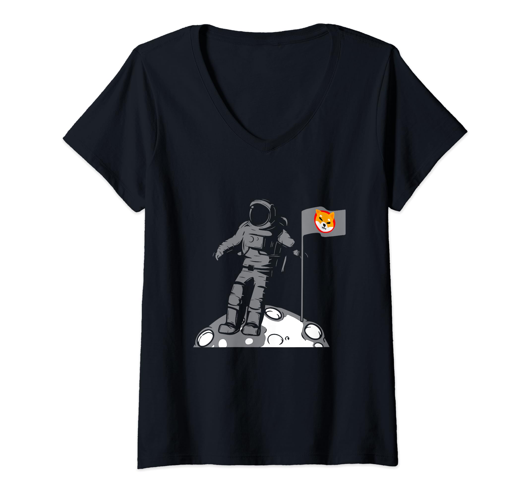 Womens Shiba Inu Coin Flag Astronaut Moon Landing Cryptocurrency V-Neck T-Shirt