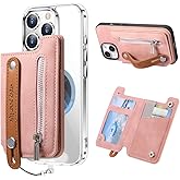 TrsmVise for Magsafe Wallet,Magnetic Card Holder for MagSafe Phones and Cases,Strong Magnet Wallet for iPhone 12-16 Series,RFID Blocking Phone Wallets Hold 3 Cards,Strap Stand,Zipper,Leather Pink