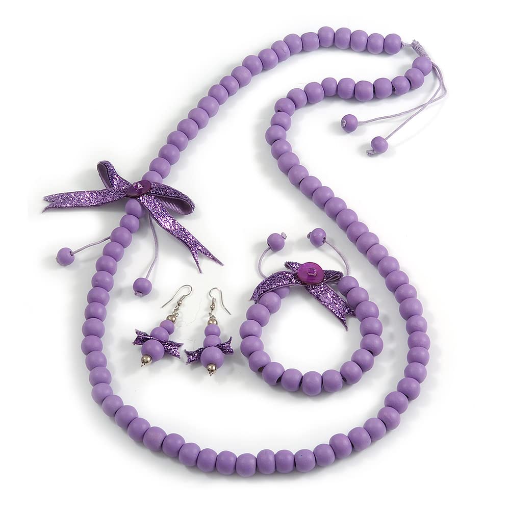 Avalaya Lilac Wooden Bead with Bow Long Necklace, Bracelet and Drop Earrings - 80cm Long