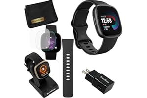 Fitbit Versa 4 Health and Fitness Smart Watch (Black/Graphite) with Built-in GPS, 6 Day Battery Life, S & L Bands, Bundle with 3.3foot Charge Cable, Wall Adapter, Screen Protectors & PremGear Cloth