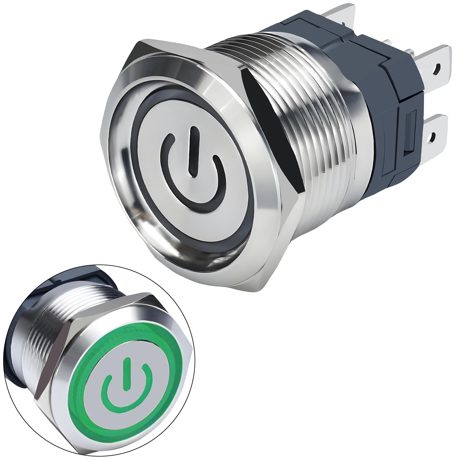 Photo 1 of 15Amp Latching Push Button Switch IP67 Waterproof 22mm 110V-120V On Off DPST Stainless Steel 304 with LED for 7/8" Hole with Wire Socket Plug (Green)