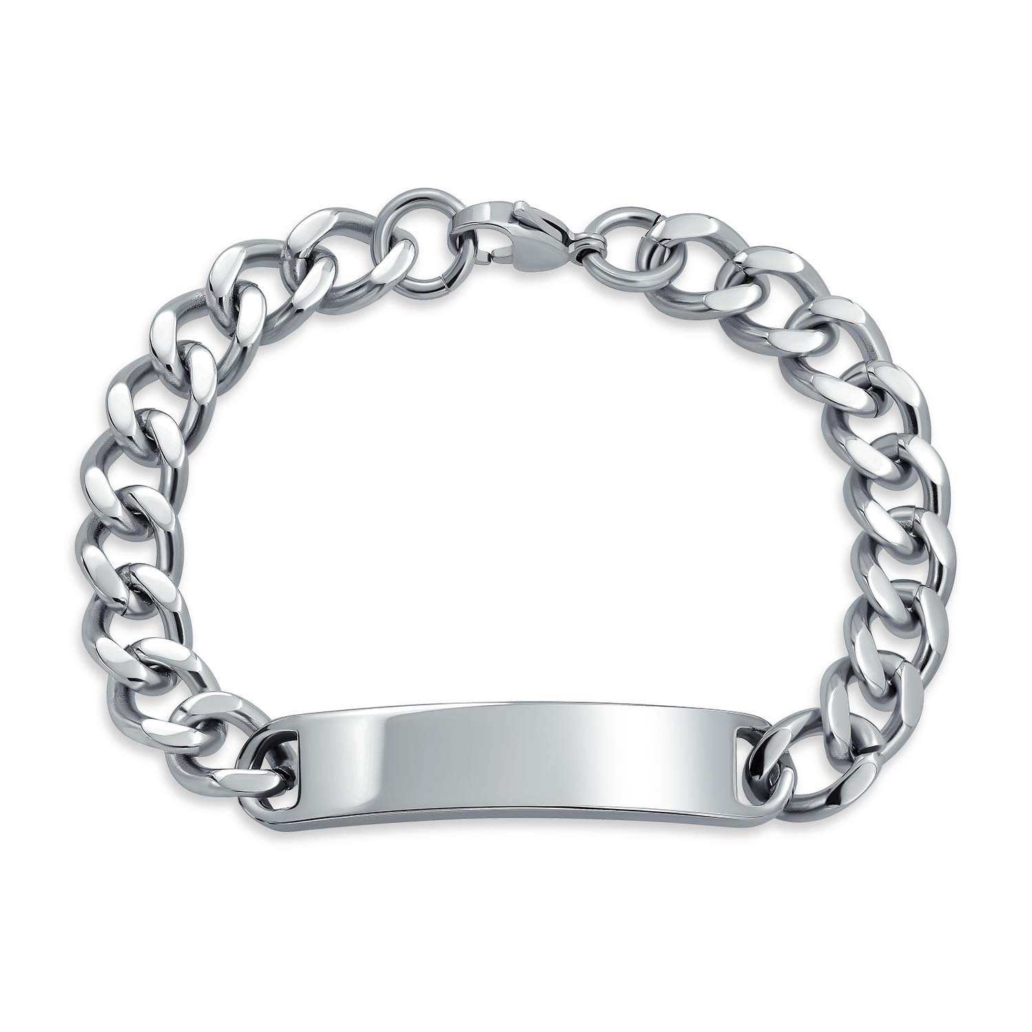Bling Jewelry Identification Name Plated Curb Cuban Link Chain ID Bracelet For Men Personalized Name Engraved Silver Tone Stainless Steel 8 Inch