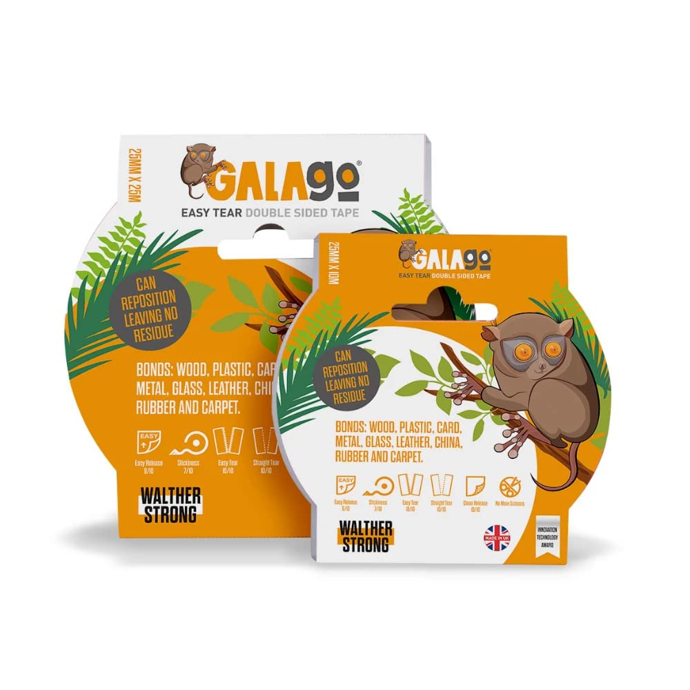 Galago 25mm Double Sided Tape - The Easy Tear Clear Art & Craft Tape by Walther Strong (25m Roll)