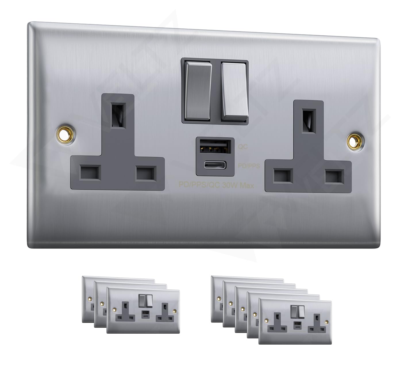 VELTZ Pro Double Plug Wall Socket - 13A 2 Gang, Super Fast Charging with 30W PD/PPS USB-C and 18W QC 4.0 USB-A, Brushed Steel