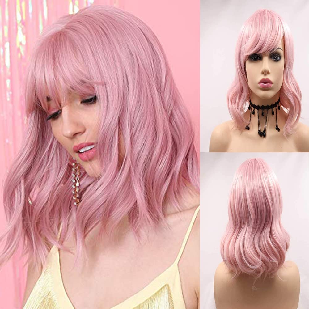 Xiweiya Peach Pink Bob Synthetic Pink Wigs Hair Short Pink Curly Heat Resistant Fiber With Bangs Cosplay Wigs For Women 14"