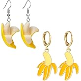Dreuyet 2 Pairs Banana Earrings for Women 3D Lifelike Cute Imitate Food Banana Huggies Hoop Summer Fruit Theme Earrings Banana Lovers BFF Gift Beach Holiday Birthday Party Jewelry