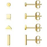 EPIRORA Sterling Silver Stud Earrings for Women Men- 4 Pairs of Hypoallergenic Simple Geometric Small Stud Earring Set Tiny Circle Triangle Square Bar Stud Earrings Mini Cartilage Tragus Earrings