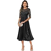 MCOLLNAS Lace Applique Mother of The Bride Dresses Tea Length Chiffon Formal Evening Party Gown