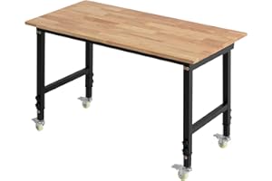 VEVOR Adjustable Workbench on Wheels, 1500 lbs Capacity, 48 x 24 Inch Oak Wood Top Workbench with 28.5-42.3 Inch Height Adjus