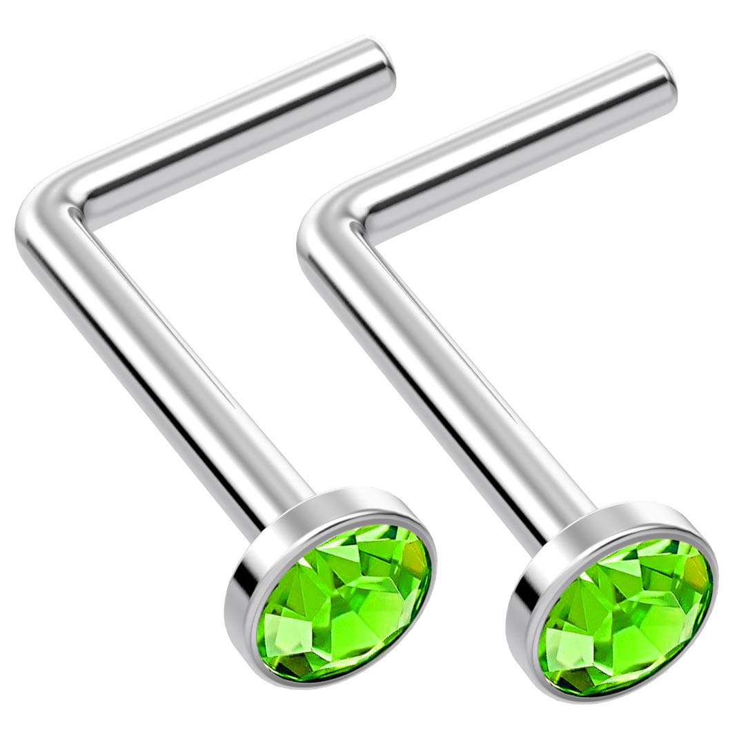Evonix 2pc L Shaped Nose Ring Bar 1mm 18g 1mm 7mm Flesh Nostril Screw Nose Ring Bar Crystal Hypoallergenic 316LVM Surgical Steel Stud Piercing Jewellery Peridot