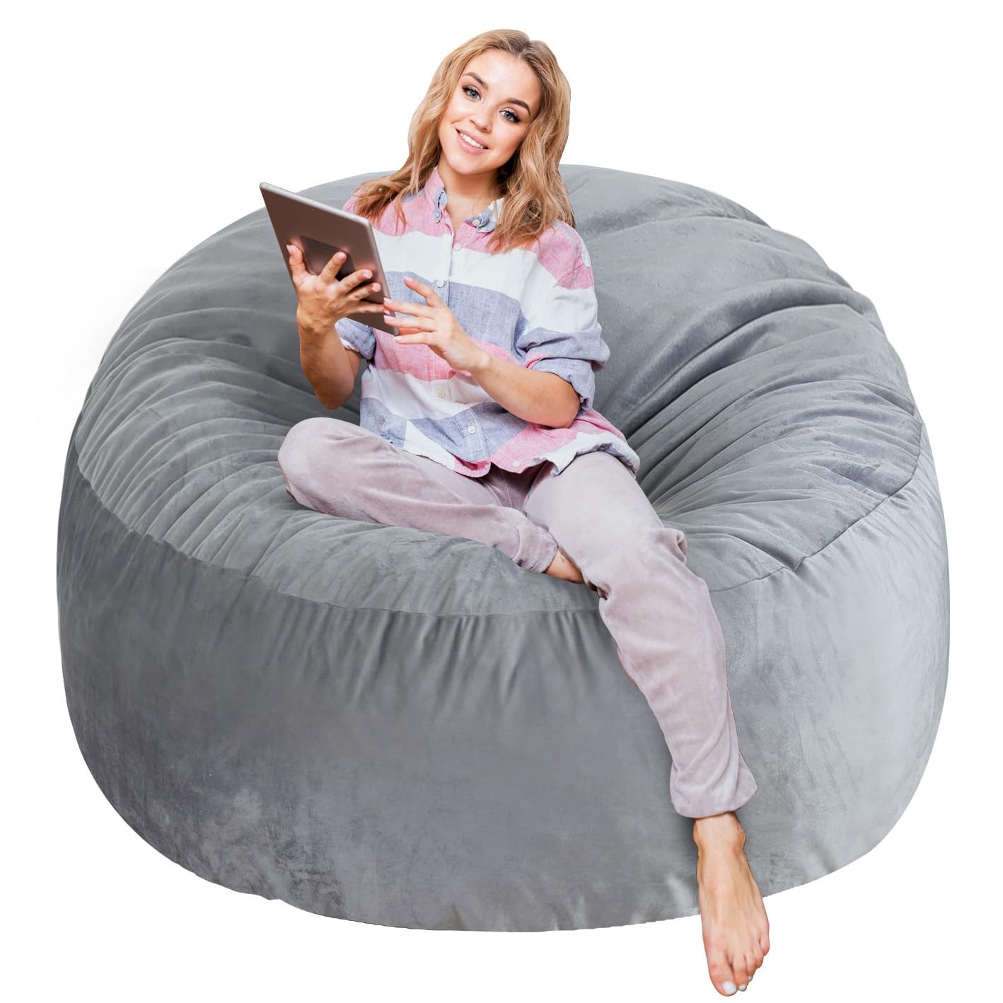 Photo 1 of 3 Ft Large Bean Bag Chairs for Adults/Teens with Memory Foam Filling, Comfy Bean Bag Sofa with Filler Included, Soft Dutch Velvet Fabric Beanbags,3 Foot, Grey