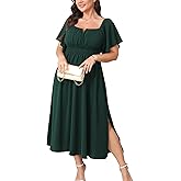 CICIDUDU Women Plus Size Dress Wedding Guest Formal Ruffle Short Sleeve Square Neck Smocked Flowy A Line Slit Maxi Dresses