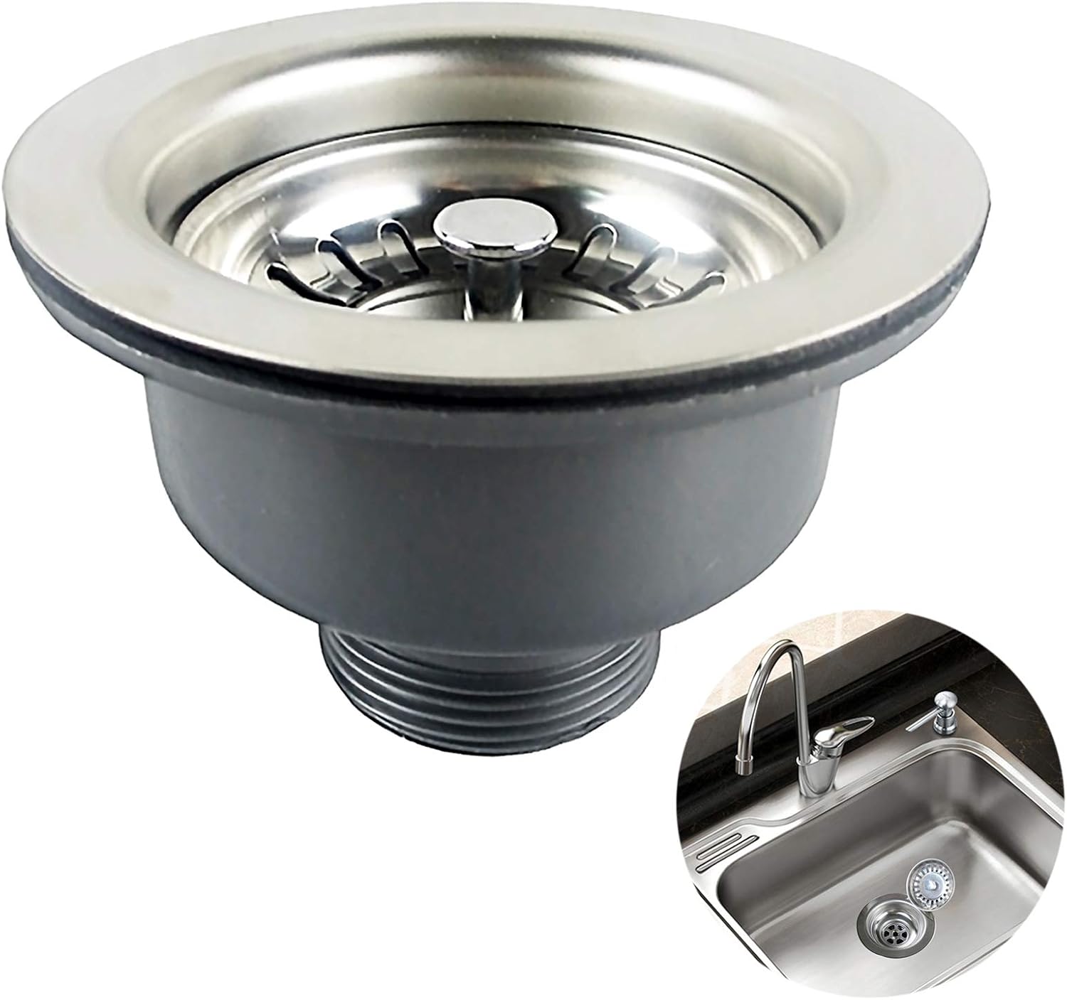 Sink Collection Stainless Steel Kitchen Sink Basket Strainer Plug Waste with Square Overflow 1½" (Medium)