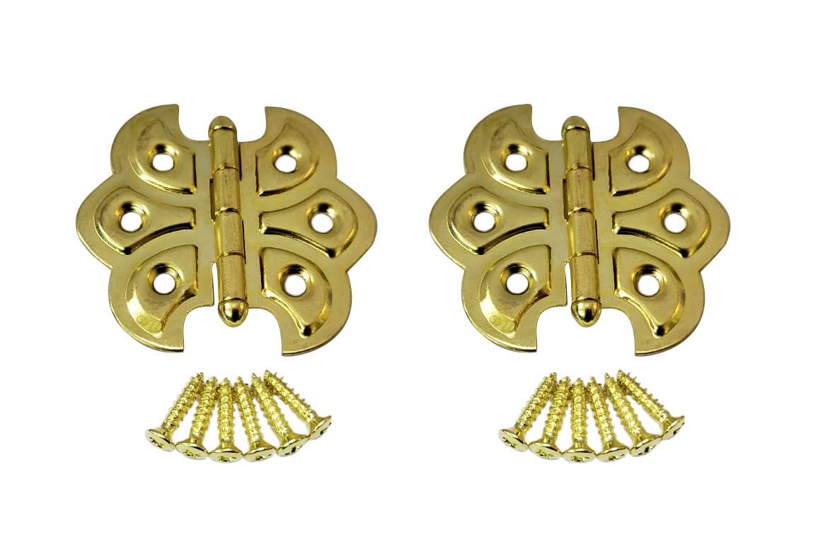 QCAA Butterfly Hinge, for Cupboard Door, 2 Pack, Brass Plated, Made in Taiwan