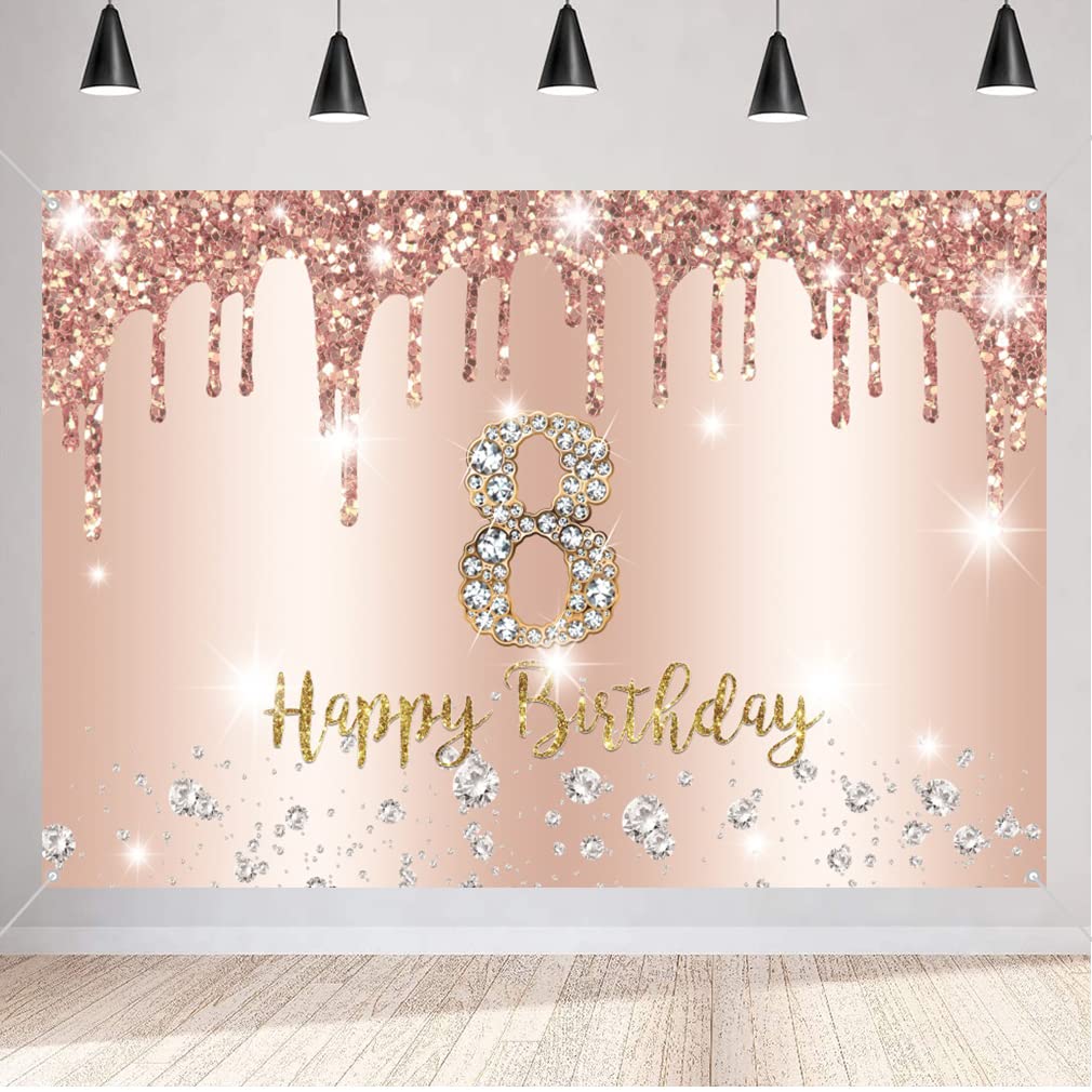 Happy 8th Birthday Decorations for Girl, 8 Years Old Fabric Sign Poster Rosegold Backdrop, 8th Birthday Party Supplies Photo Background Welcome Sign, 150cm x 90cm