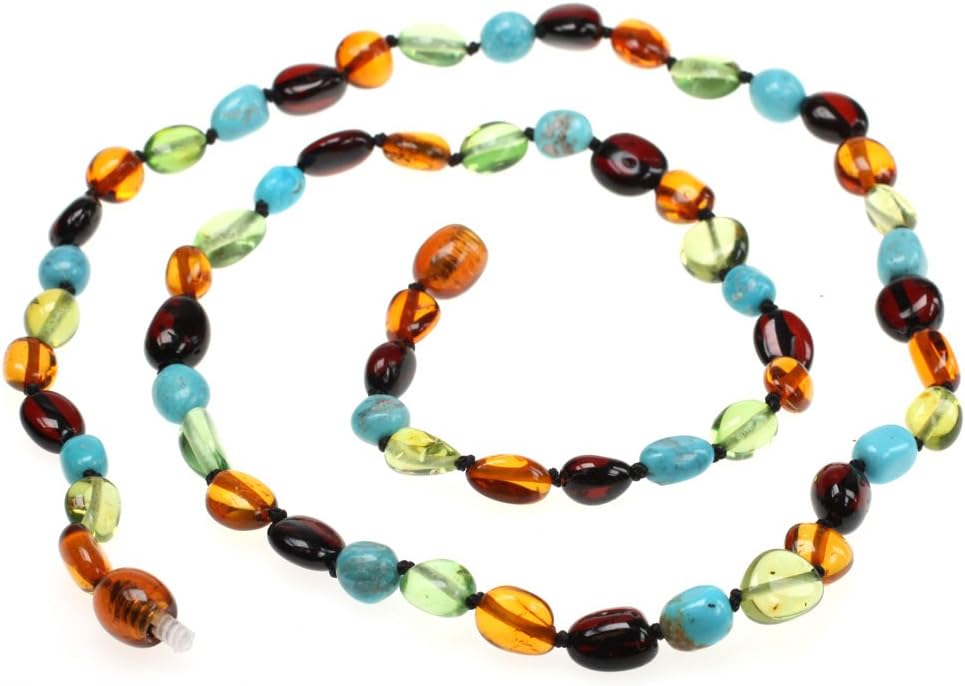 Amberbeata Honey Cognac, Cherry Baltic Amber, Caribbean Green Amber & Natural Turquoise Beads Necklace, 20-Inches