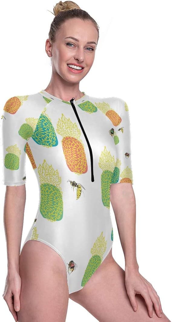Amazon 半袖ワンピース水着 フルーツ柄 パイン 蜂 レディース 競泳水着 女性半袖スイムウェア フィットネス水着 体型カバー トレーニング ウェットスーツ スクール水着 温泉 水泳 プリント 海水浴 かわいい ファスナー付き ワンピース 通販