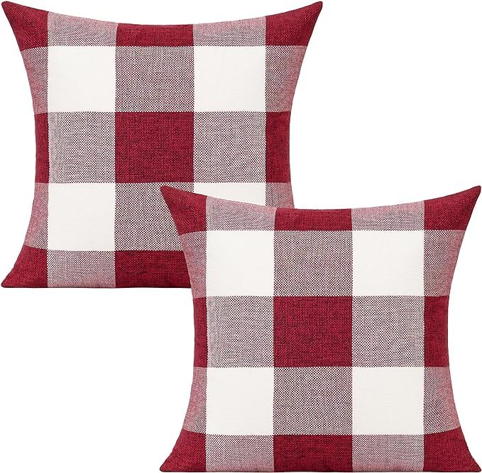 VAKADO Set of 2 Red and White Buffalo Check Cushion Covers Farmhouse Plaid Decorative Square Burgundy Cushion Cases 18x18 Inches for Sofa Couch Bedroom Christmas Valentine Home Décor